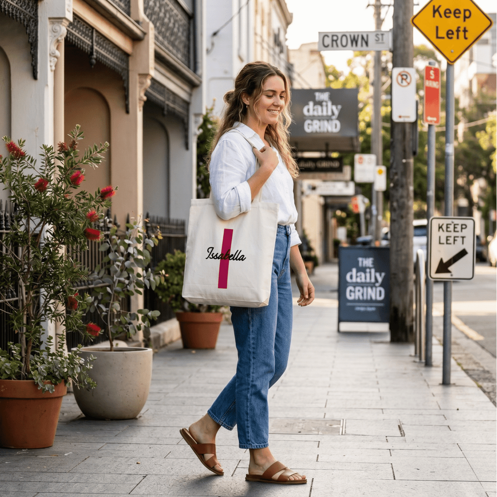 A natural canvas personalised initial tote bag featuring a bold printed monogram initial, handcrafted by Make It Personal Gift Co in Australia.