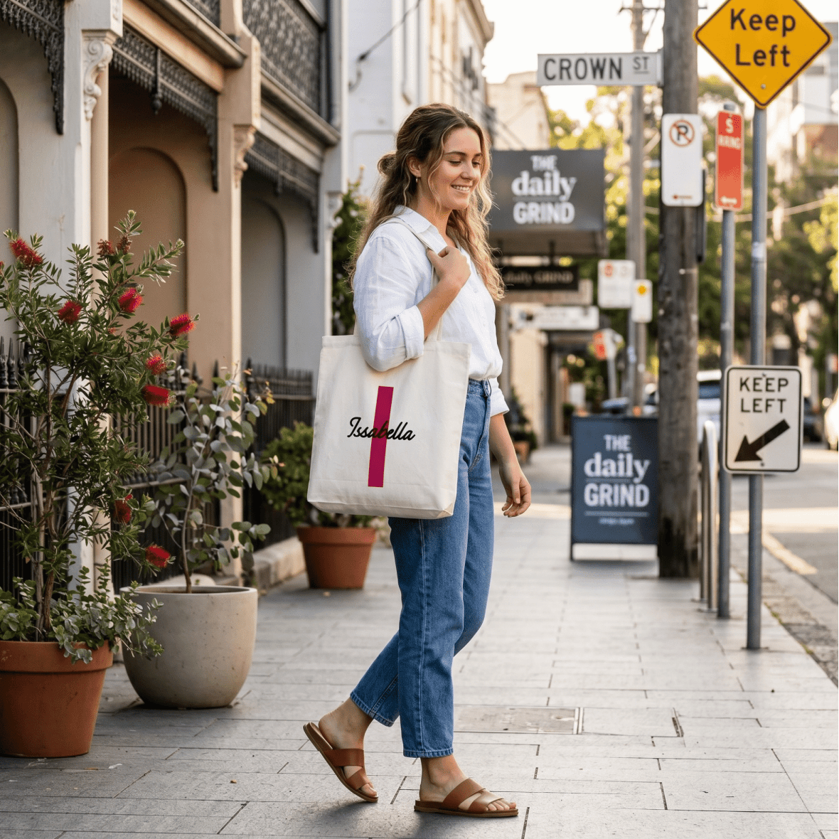 A natural canvas personalised initial tote bag featuring a bold printed monogram initial, handcrafted by Make It Personal Gift Co in Australia.