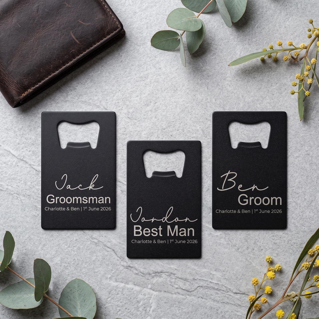 Personalised groomsman bottle opener card with custom name and wedding date engraving, metal credit card beer opener for wedding party