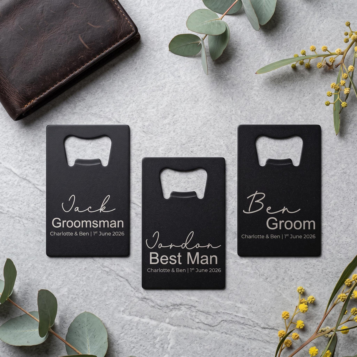Personalised groomsman bottle opener card with custom name and wedding date engraving, metal credit card beer opener for wedding party