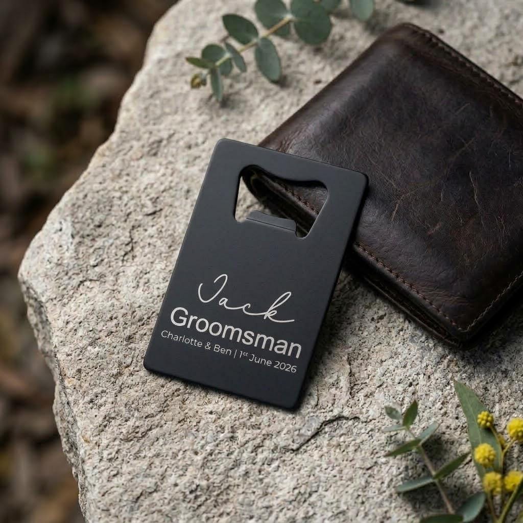 Personalised groomsman bottle opener card with custom name and wedding date engraving, metal credit card beer opener for wedding party