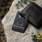 Personalised groomsman bottle opener card with custom name and wedding date engraving, metal credit card beer opener for wedding party