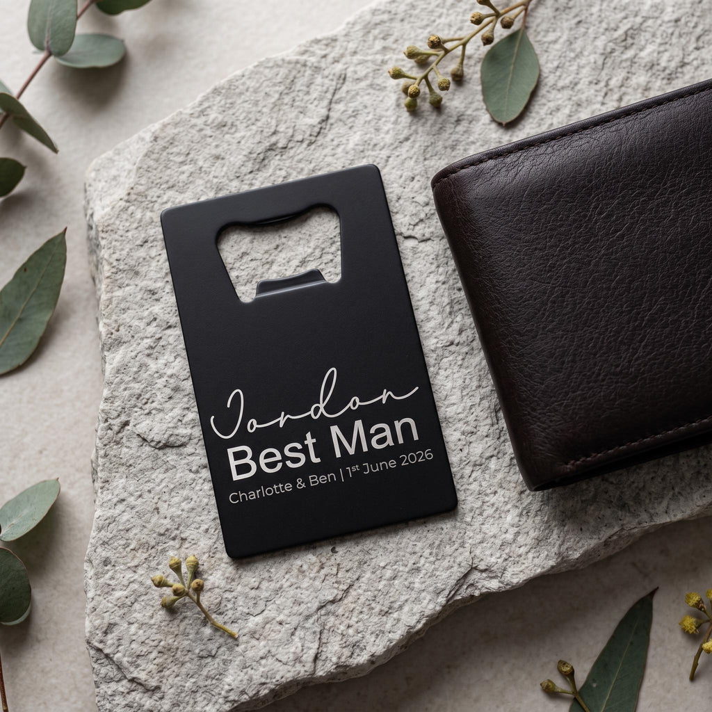 Personalised groomsman bottle opener card with custom name and wedding date engraving, metal credit card beer opener for wedding party