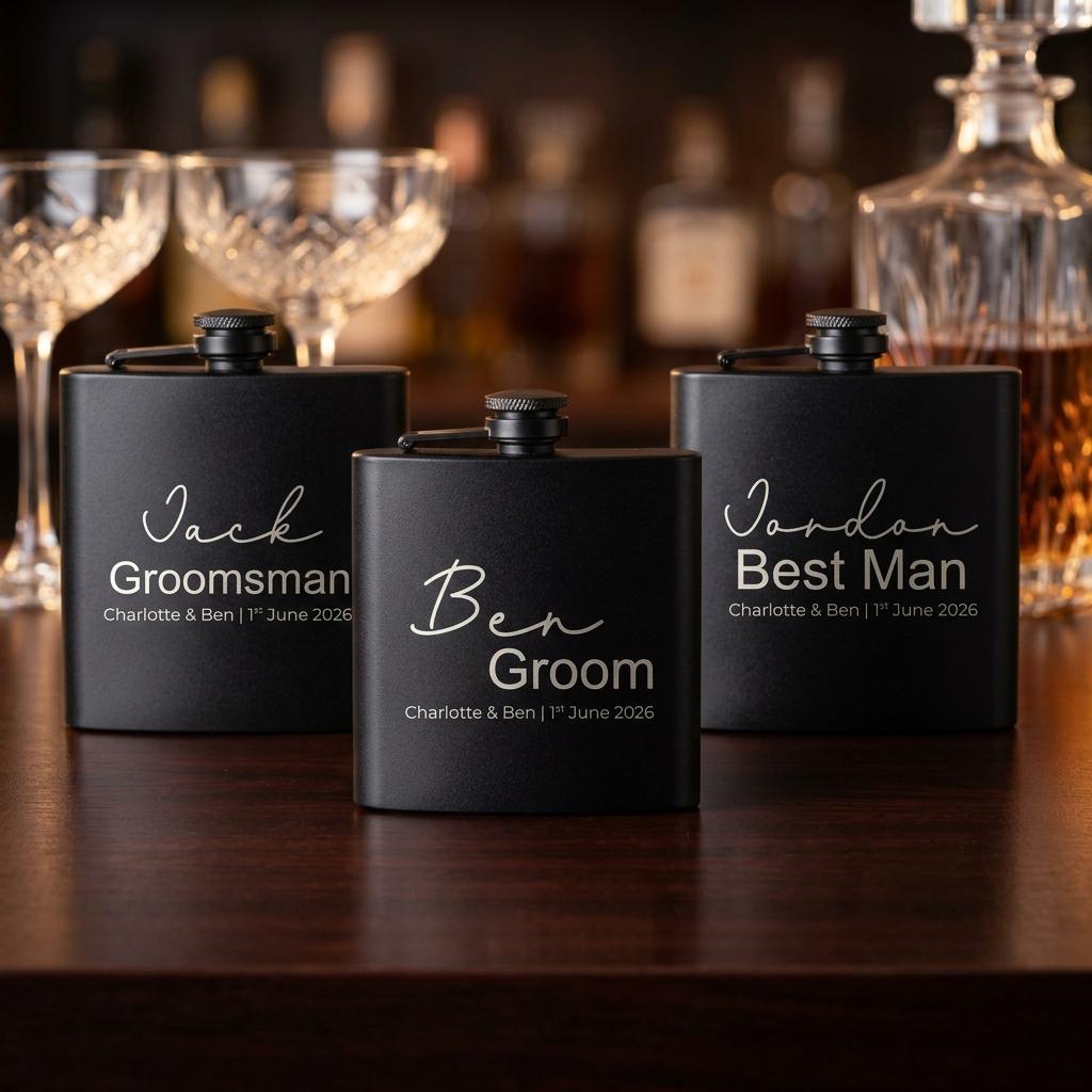 Personalised groomsman hip flask with custom name and wedding date engraving, custom best man gift for wedding party celebrations