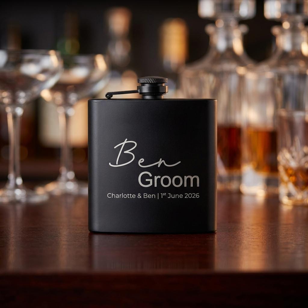 Personalised groomsman hip flask with custom name and wedding date engraving, custom best man gift for wedding party celebrations
