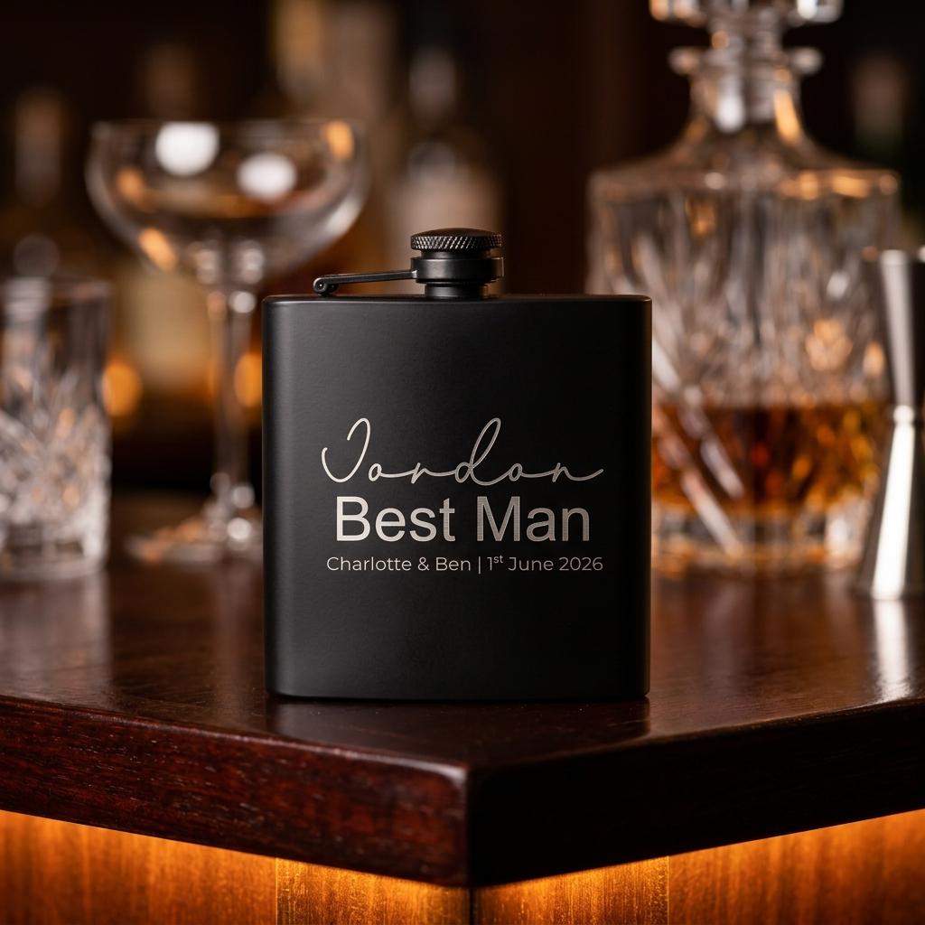 Personalised groomsman hip flask with custom name and wedding date engraving, custom best man gift for wedding party celebrations