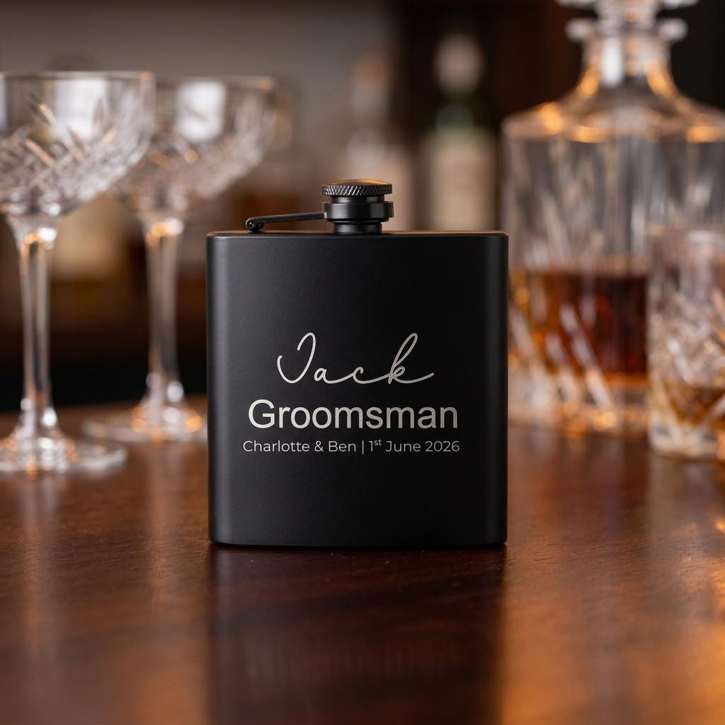 Personalised groomsman hip flask with custom name and wedding date engraving, custom best man gift for wedding party celebrations