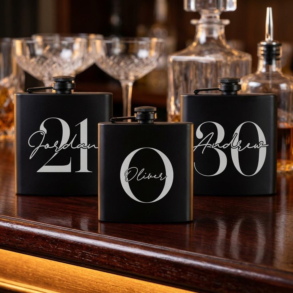 Personalised matte black hip flask with custom name and milestone number engraving, custom pocket flask for birthday gifts and celebrations