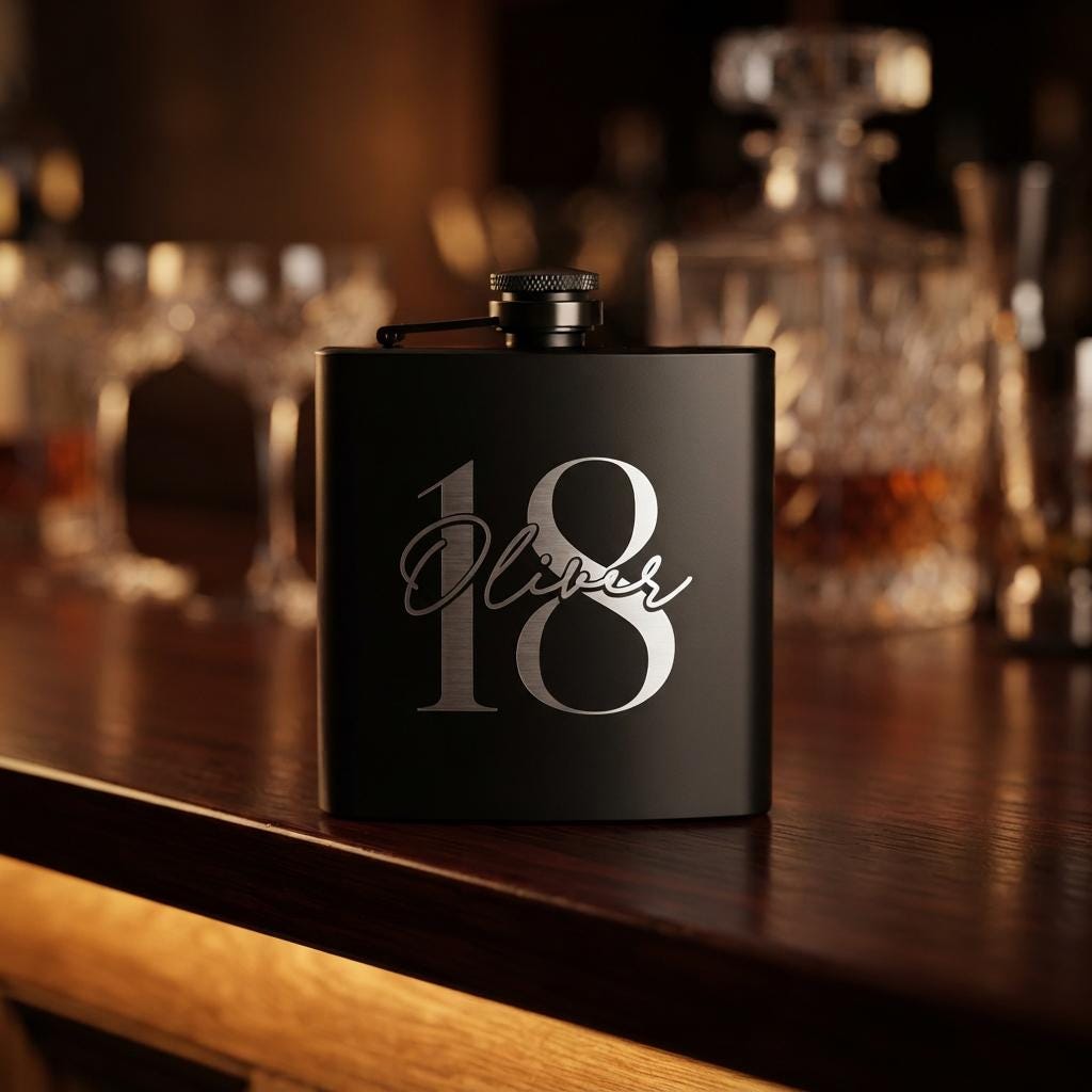 Personalised matte black hip flask with custom name and milestone number engraving, custom pocket flask for birthday gifts and celebrations
