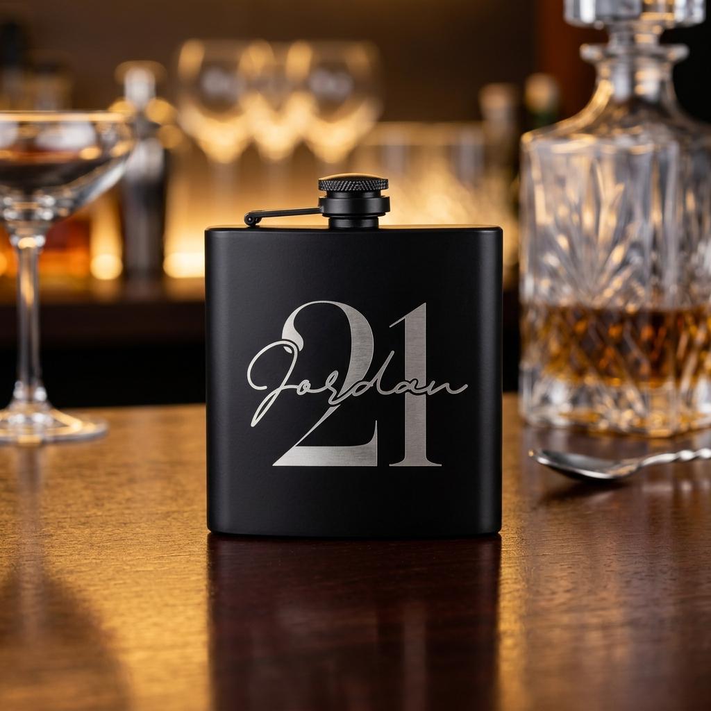 Personalised matte black hip flask with custom name and milestone number engraving, custom pocket flask for birthday gifts and celebrations