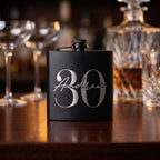 Personalised matte black hip flask with custom name and milestone number engraving, custom pocket flask for birthday gifts and celebrations