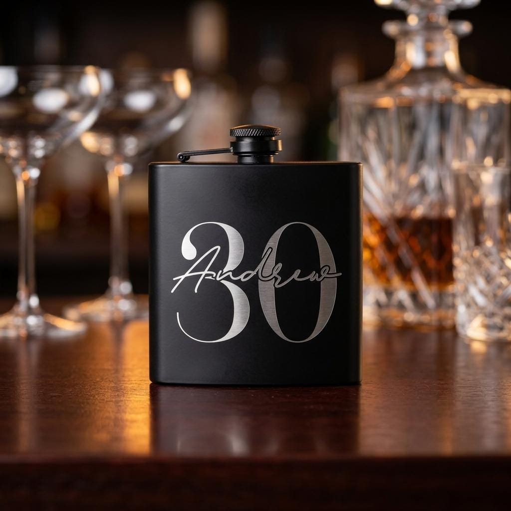 Personalised matte black hip flask with custom name and milestone number engraving, custom pocket flask for birthday gifts and celebrations