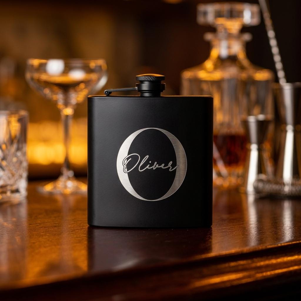 Personalised matte black hip flask with custom name and milestone number engraving, custom pocket flask for birthday gifts and celebrations