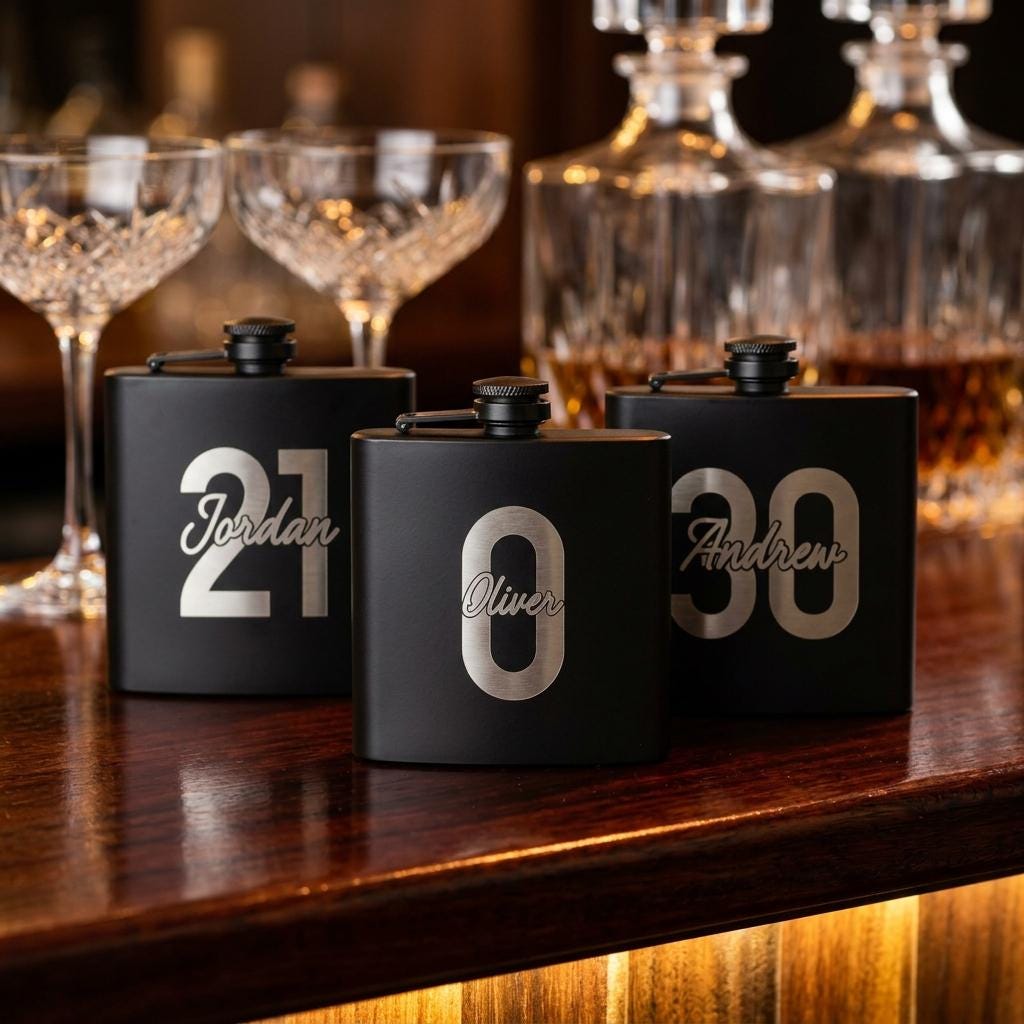Personalised matte black hip flask with custom name and milestone number engraving, custom pocket flask for birthday gifts and celebrations
