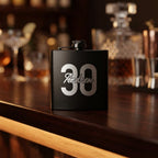 Personalised matte black hip flask with custom name and milestone number engraving, custom pocket flask for birthday gifts and celebrations