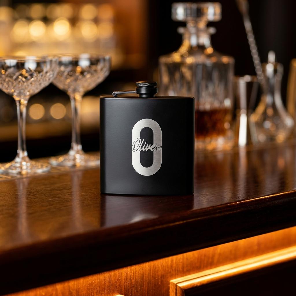Personalised matte black hip flask with custom name and milestone number engraving, custom pocket flask for birthday gifts and celebrations