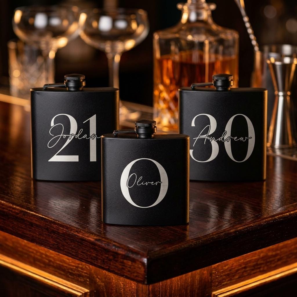 Personalised matte black hip flask with custom name and milestone number engraving, custom pocket flask for birthday gifts and celebrations