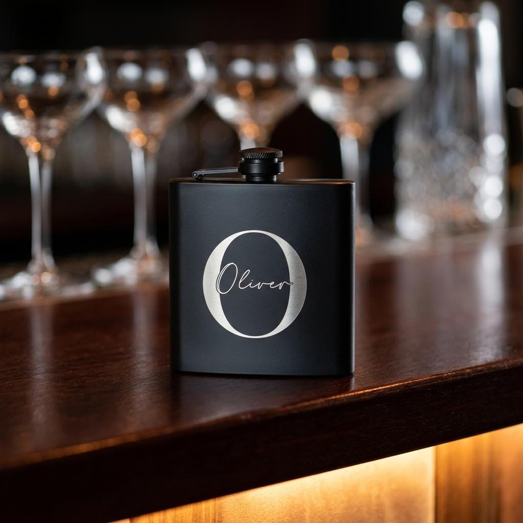 Personalised matte black hip flask with custom name and milestone number engraving, custom pocket flask for birthday gifts and celebrations