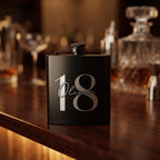 Personalised matte black hip flask with custom name and milestone number engraving, custom pocket flask for birthday gifts and celebrations