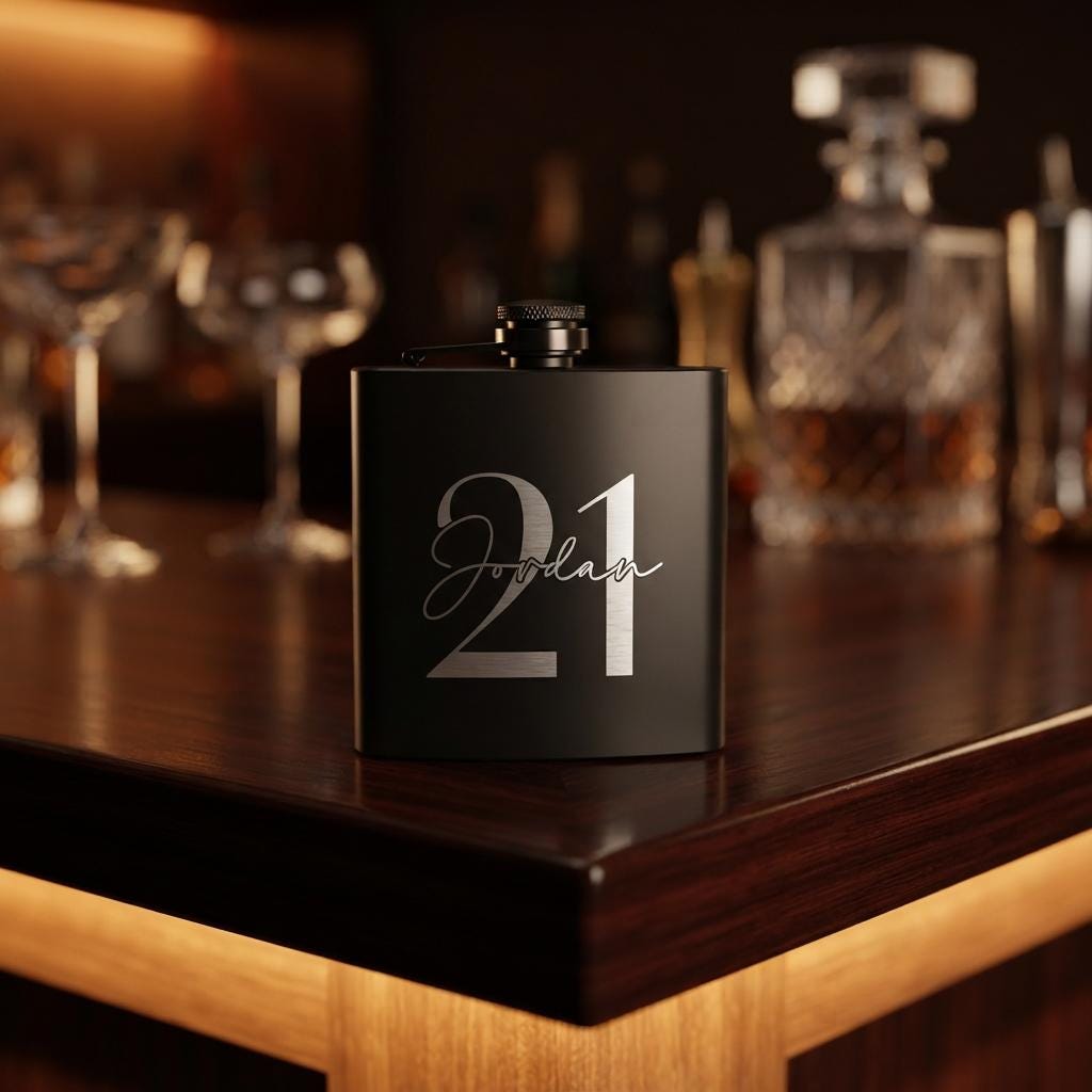 Personalised matte black hip flask with custom name and milestone number engraving, custom pocket flask for birthday gifts and celebrations