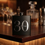 Personalised matte black hip flask with custom name and milestone number engraving, custom pocket flask for birthday gifts and celebrations