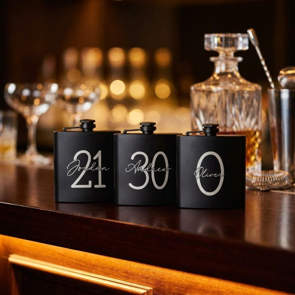 Personalised matte black hip flask with custom name and milestone number engraving, custom pocket flask for birthday gifts and celebrations