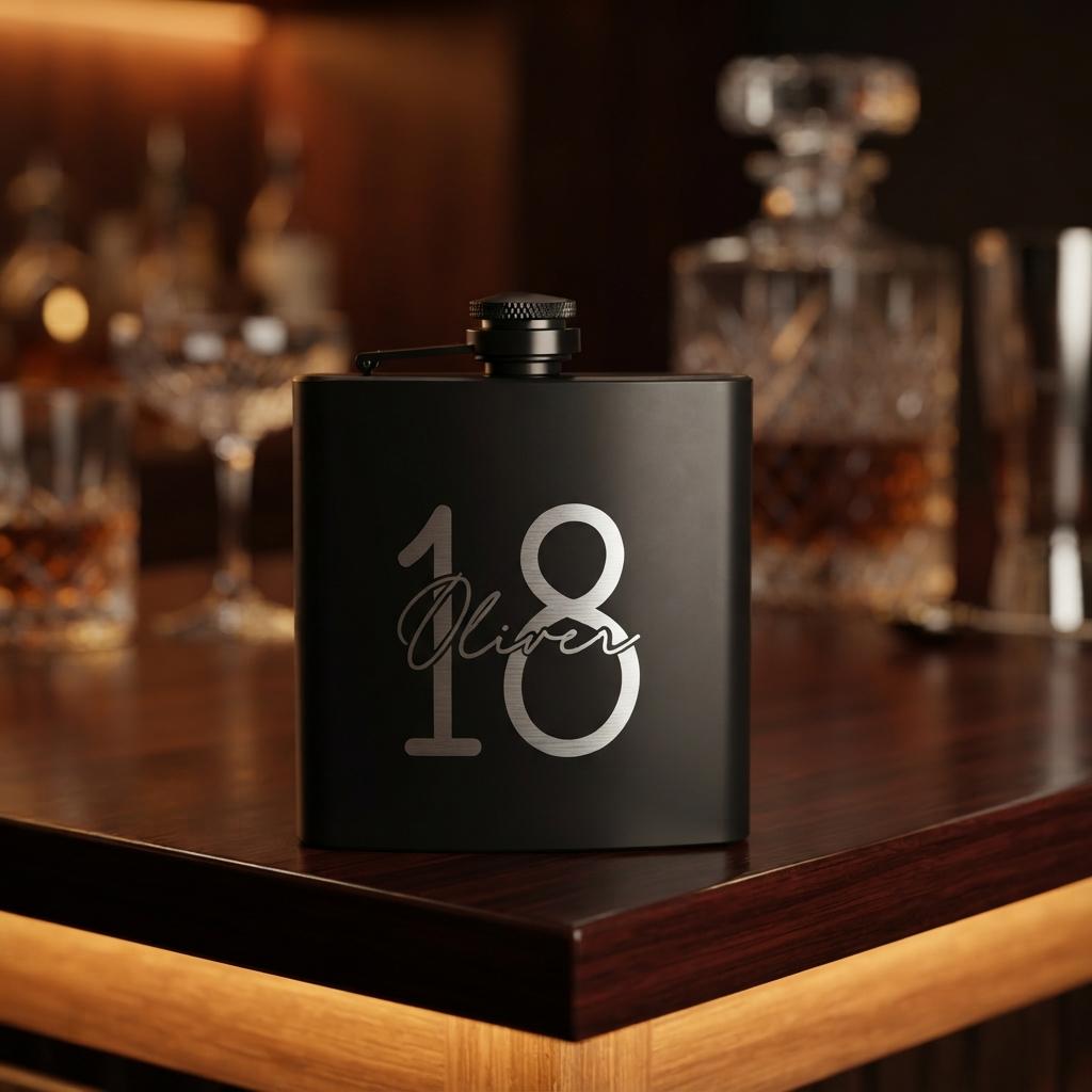 Personalised matte black hip flask with custom name and milestone number engraving, custom pocket flask for birthday gifts and celebrations