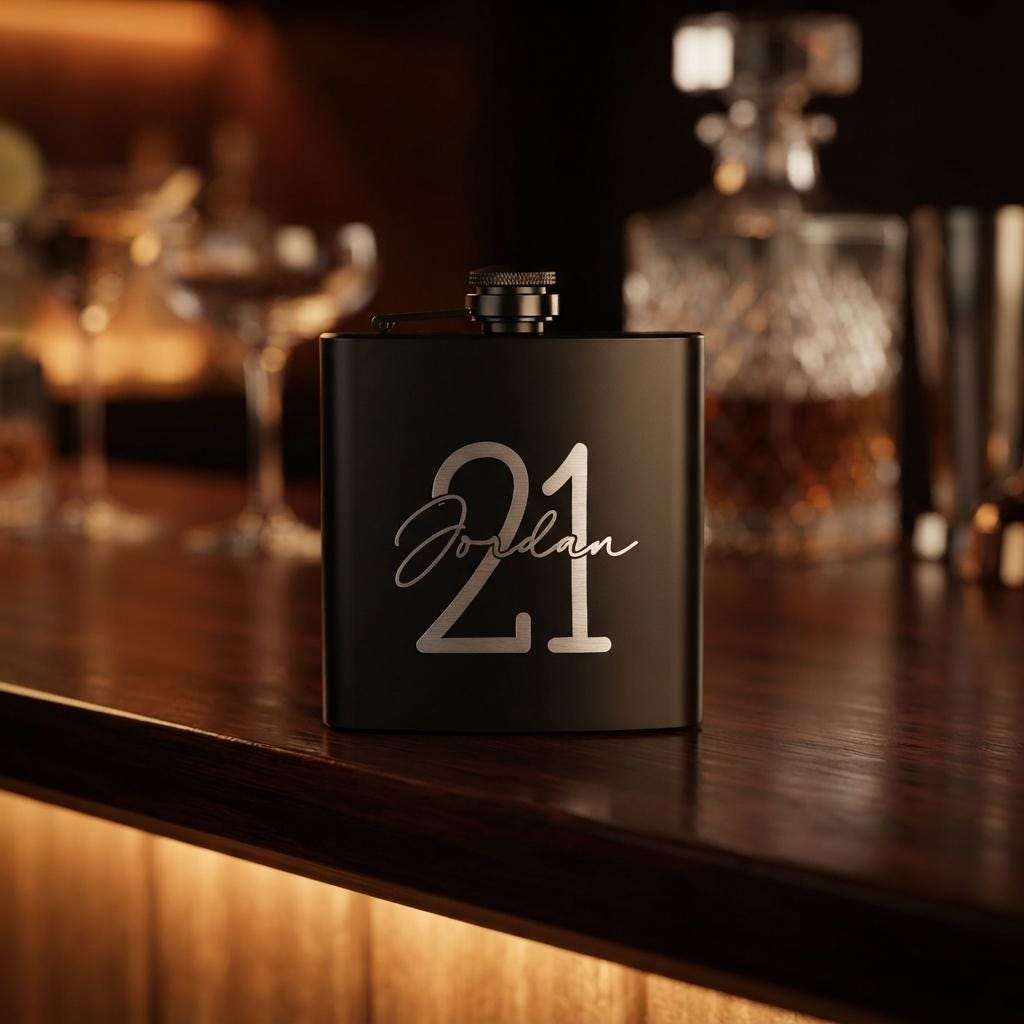 Personalised matte black hip flask with custom name and milestone number engraving, custom pocket flask for birthday gifts and celebrations