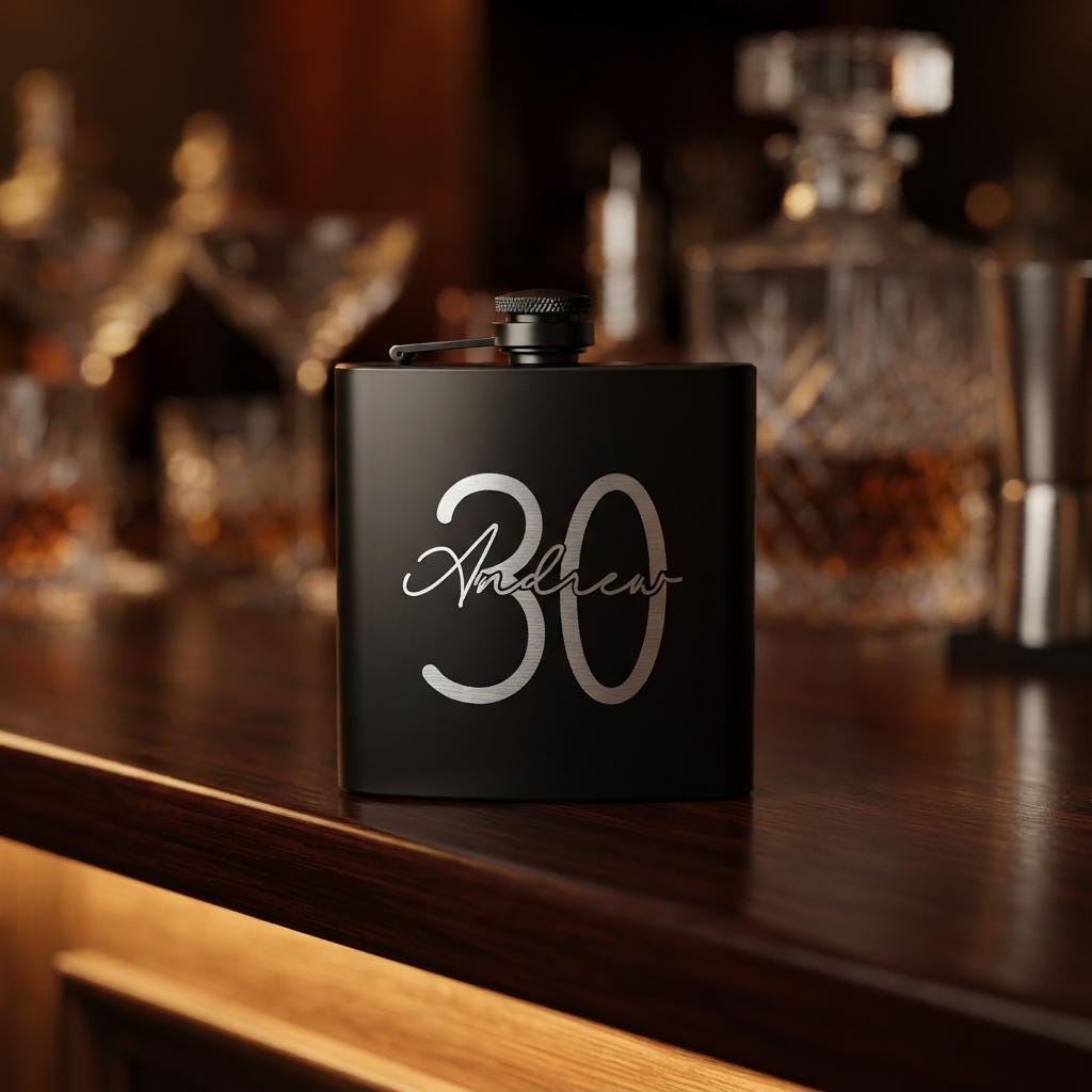 Personalised matte black hip flask with custom name and milestone number engraving, custom pocket flask for birthday gifts and celebrations