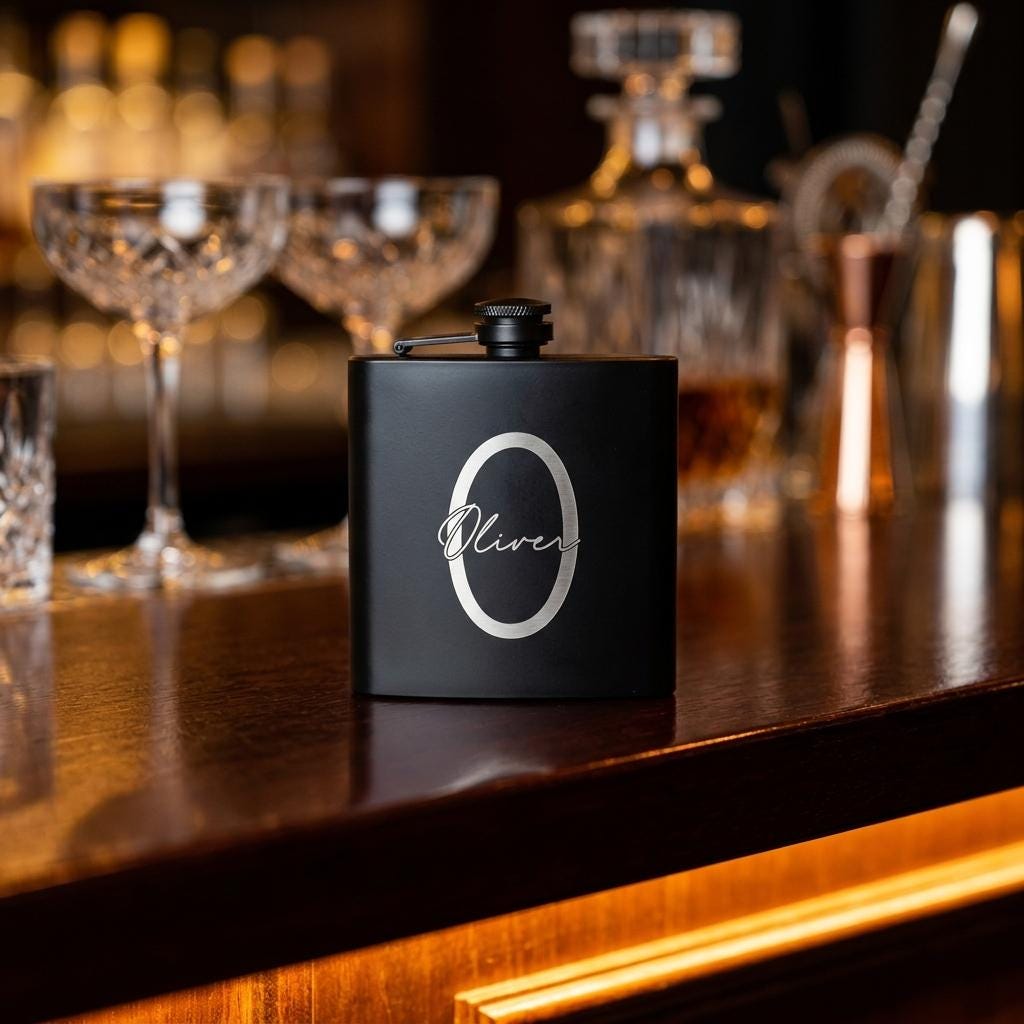 Personalised matte black hip flask with custom name and milestone number engraving, custom pocket flask for birthday gifts and celebrations