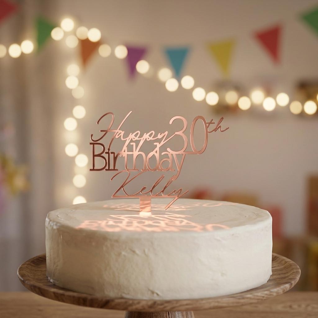 Personalised rose gold mirror acrylic cake topper featuring Happy 30th Birthday Kelly on a dessert table