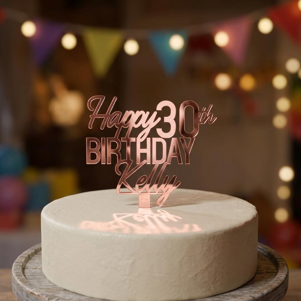 Personalised rose gold mirror acrylic cake topper featuring Happy 30th Birthday Kelly on a round cake.