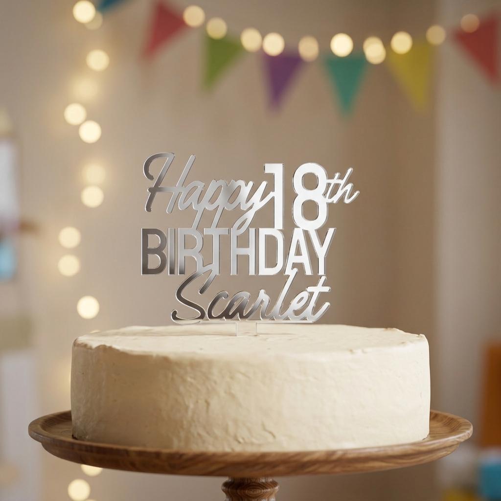 Personalised silver mirror acrylic cake topper showing Happy 18th Birthday Scarlet on a white iced cake.