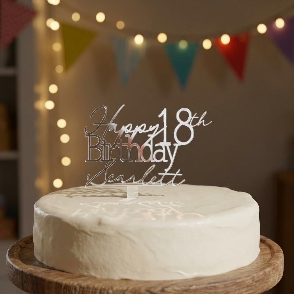 Bespoke silver mirror acrylic cake topper showing Happy 18th Birthday Scarlett on a smooth iced round cake.