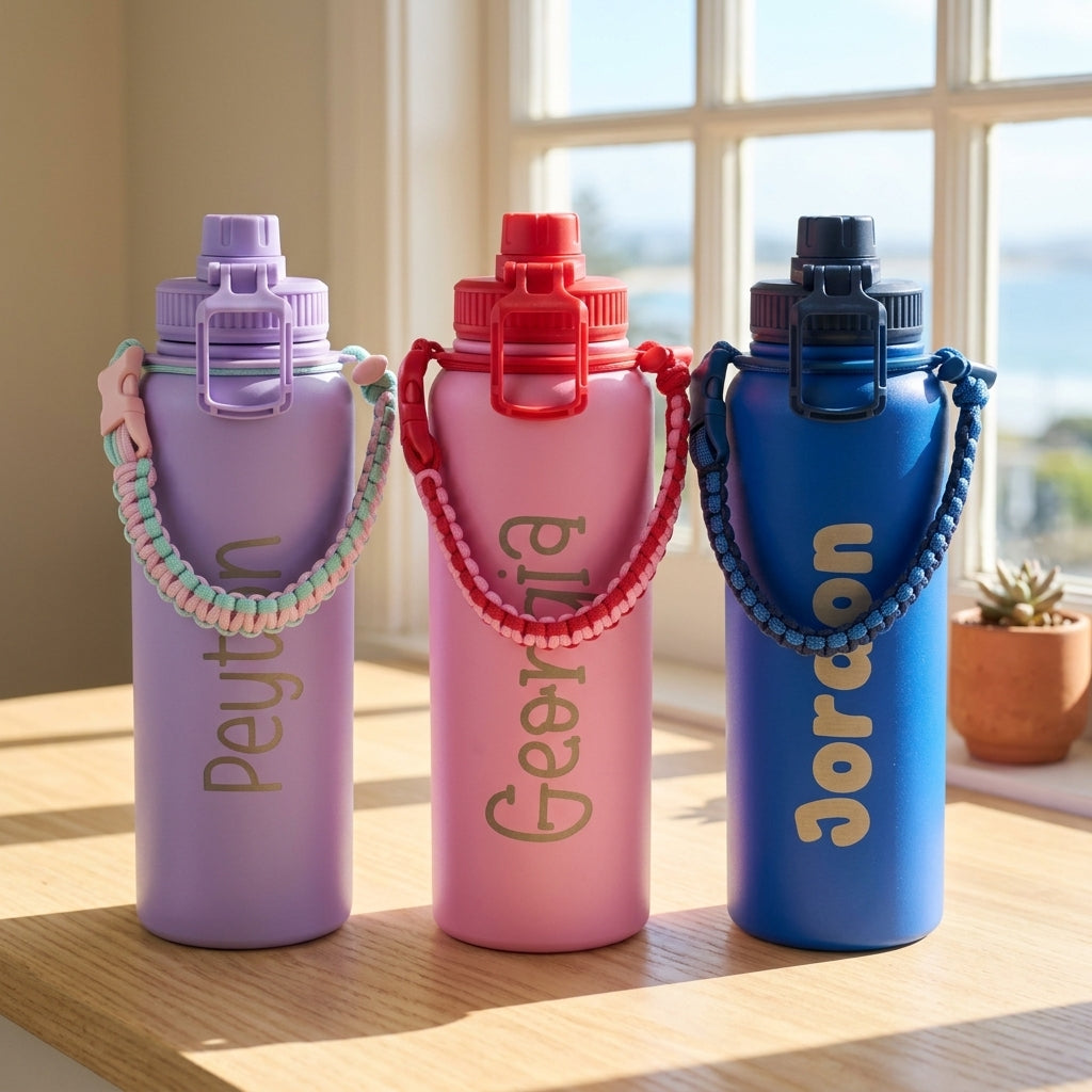 Front view of three custom laser engraved 1.1L drink bottles featuring Peyton, Georgia, and Jordon personalised lettering with matching woven paracord handles.