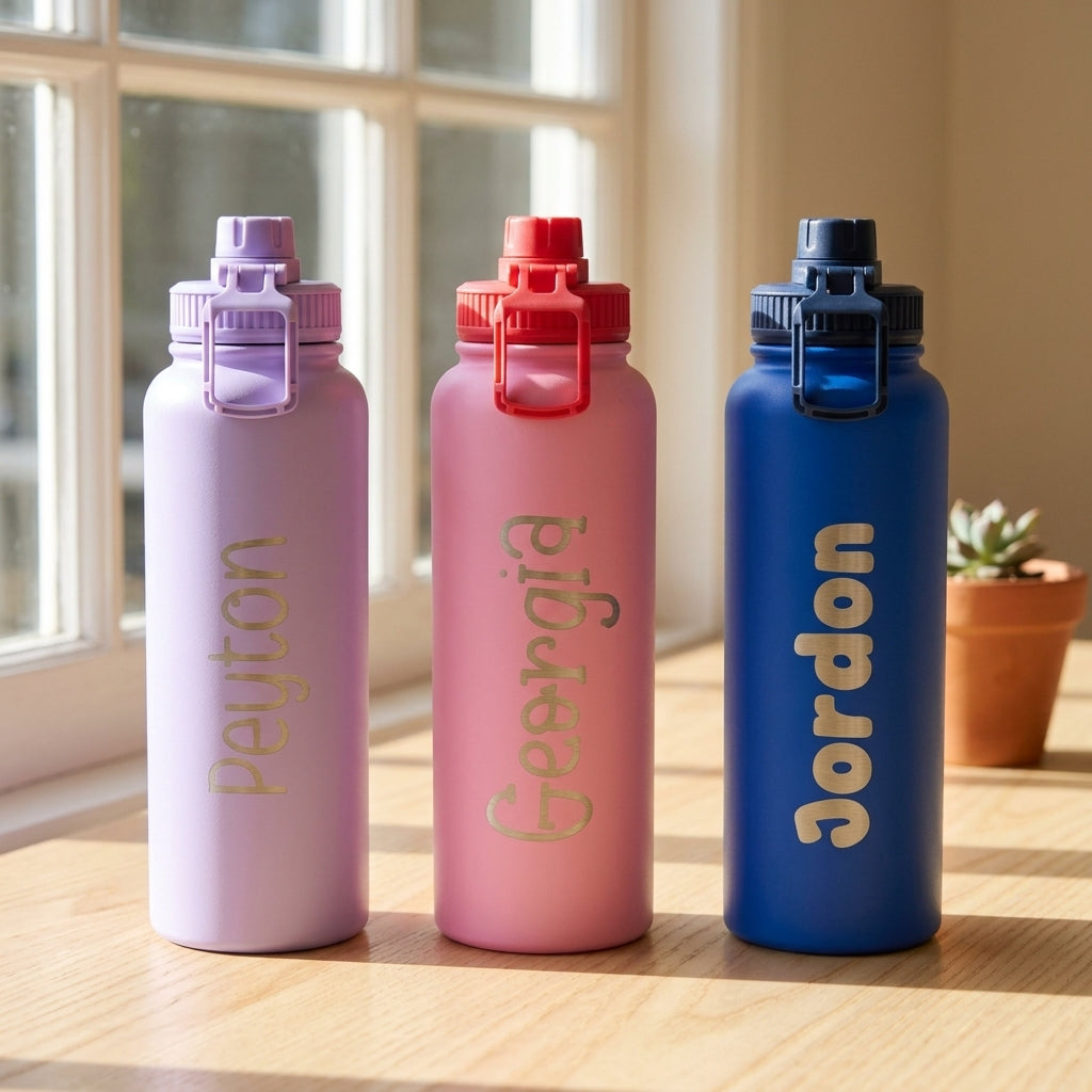 Front view of three custom laser engraved 1.1L drink bottles featuring Peyton, Georgia, and Jordon personalised lettering.