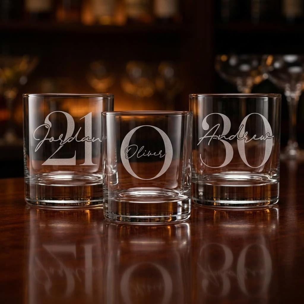 Personalised glass whiskey tumbler with custom name and milestone number engraving, custom scotch glass for birthday gifts and celebrations
