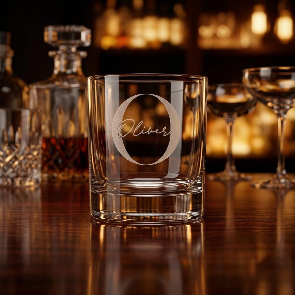 Personalised glass whiskey tumbler with custom name and milestone number engraving, custom scotch glass for birthday gifts and celebrations