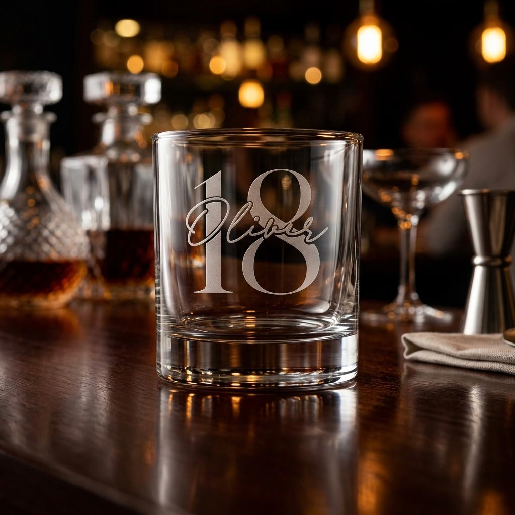 Personalised glass whiskey tumbler with custom name and milestone number engraving, custom scotch glass for birthday gifts and celebrations
