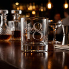 Personalised glass whiskey tumbler with custom name and milestone number engraving, custom scotch glass for birthday gifts and celebrations