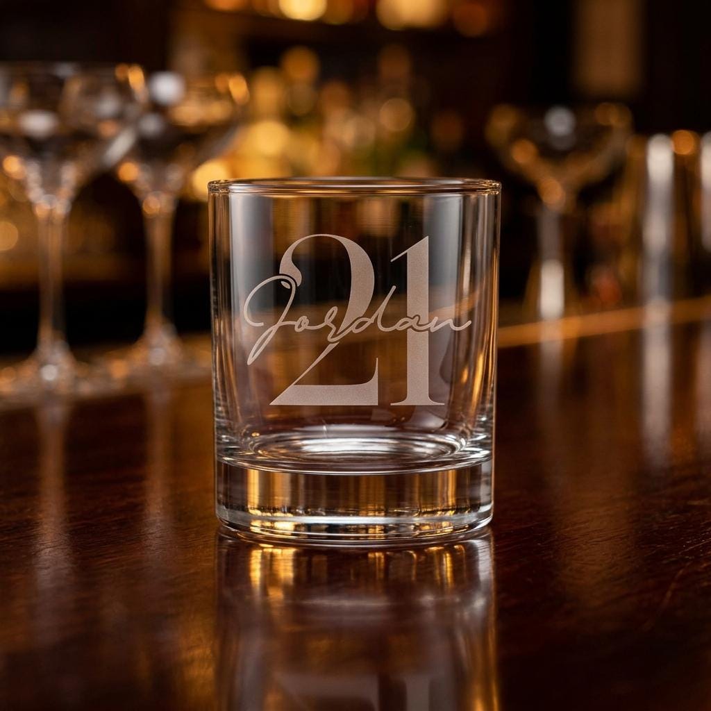 Personalised glass whiskey tumbler with custom name and milestone number engraving, custom scotch glass for birthday gifts and celebrations