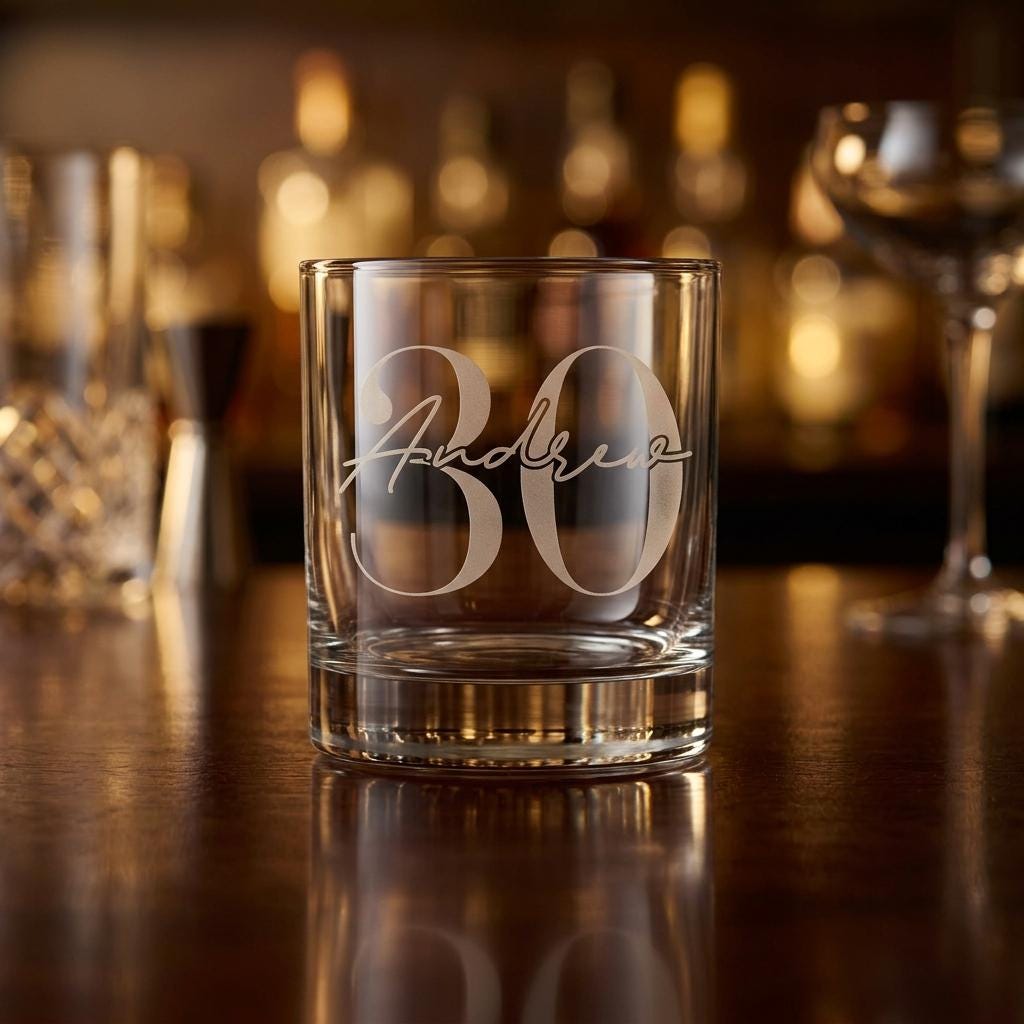 Personalised glass whiskey tumbler with custom name and milestone number engraving, custom scotch glass for birthday gifts and celebrations