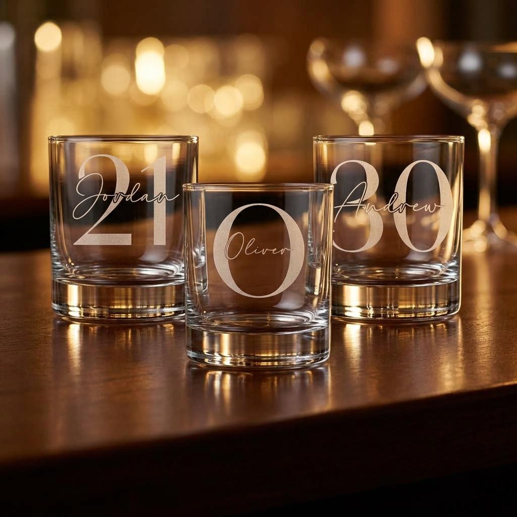 Personalised glass whiskey tumbler with custom name and milestone number engraving, custom scotch glass for birthday gifts and celebrations