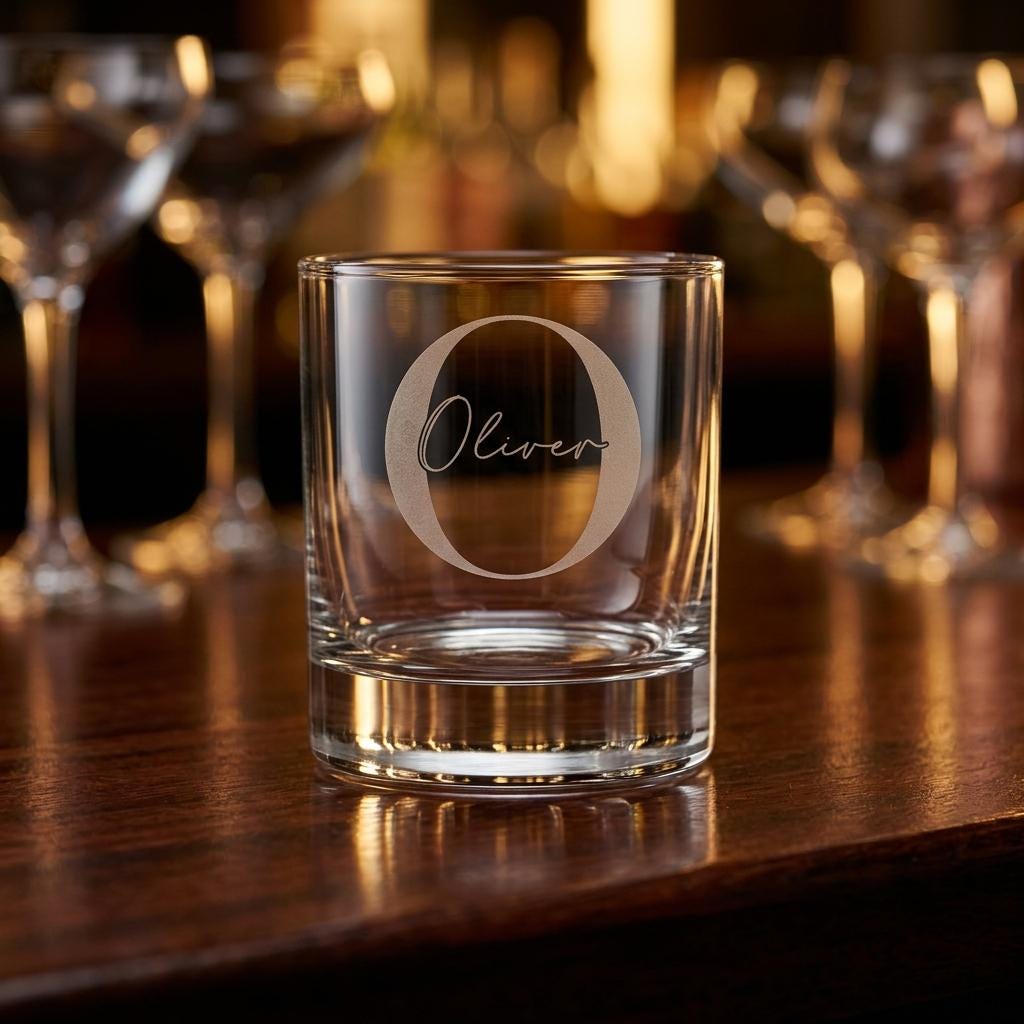 Personalised glass whiskey tumbler with custom name and milestone number engraving, custom scotch glass for birthday gifts and celebrations