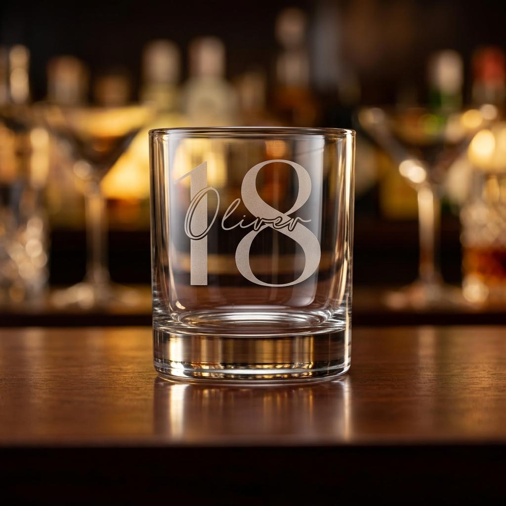 Personalised glass whiskey tumbler with custom name and milestone number engraving, custom scotch glass for birthday gifts and celebrations