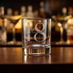 Personalised glass whiskey tumbler with custom name and milestone number engraving, custom scotch glass for birthday gifts and celebrations