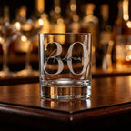 Personalised glass whiskey tumbler with custom name and milestone number engraving, custom scotch glass for birthday gifts and celebrations
