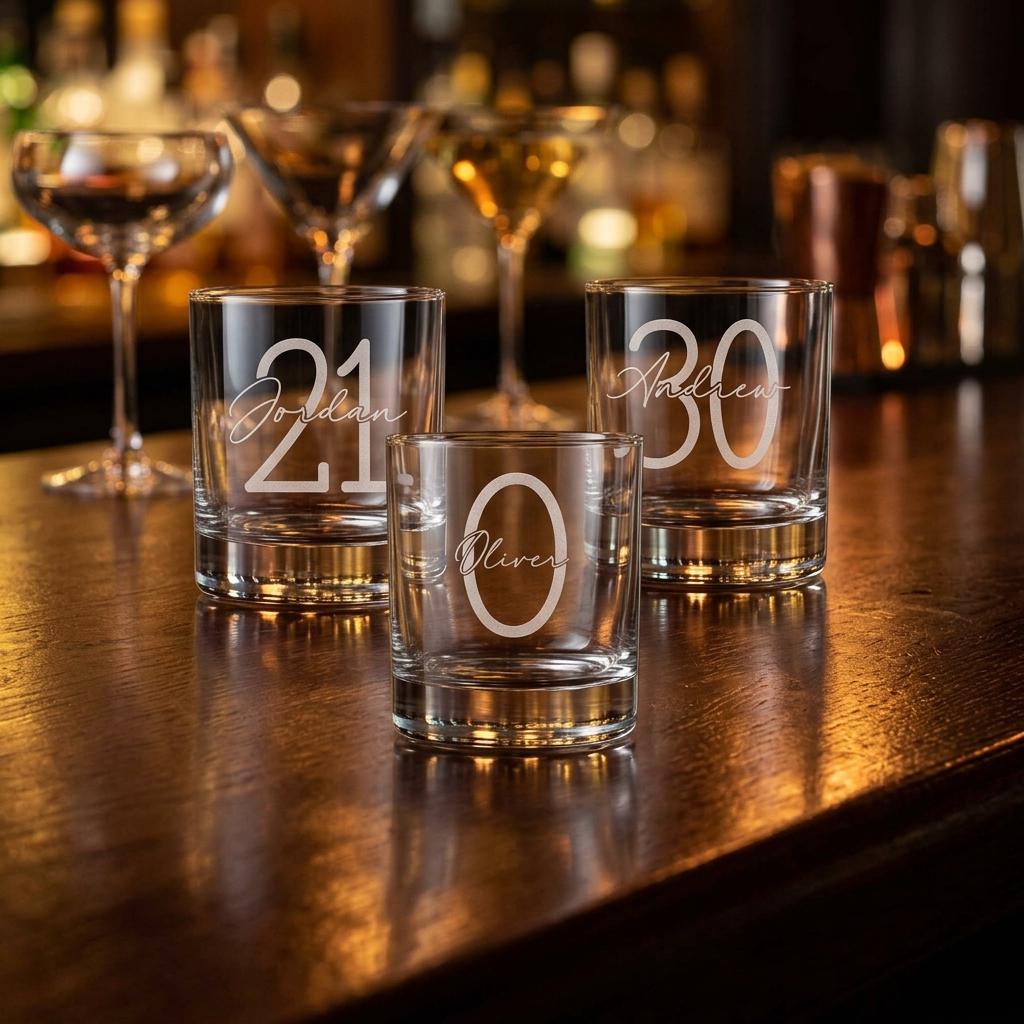 Personalised glass whiskey tumbler with custom name and milestone number engraving, custom scotch glass for birthday gifts and celebrations