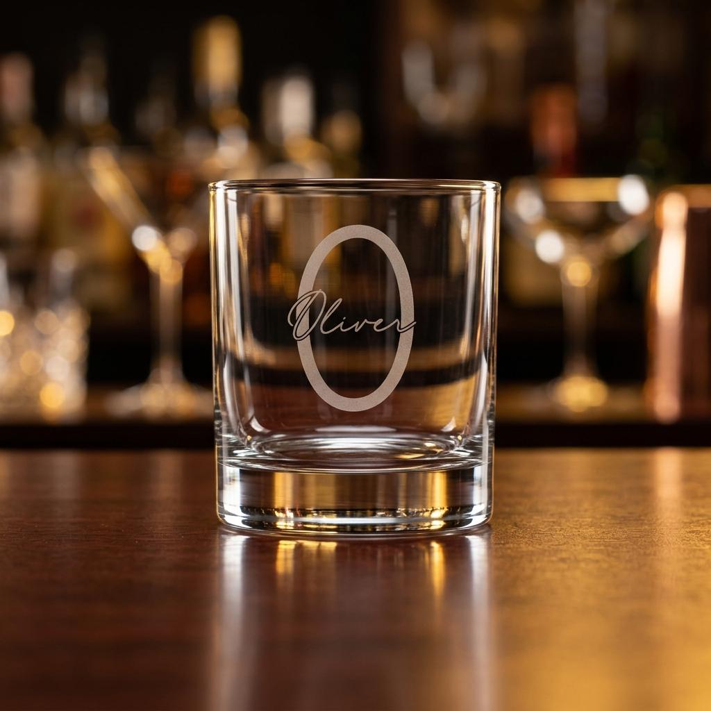 Personalised glass whiskey tumbler with custom name and milestone number engraving, custom scotch glass for birthday gifts and celebrations