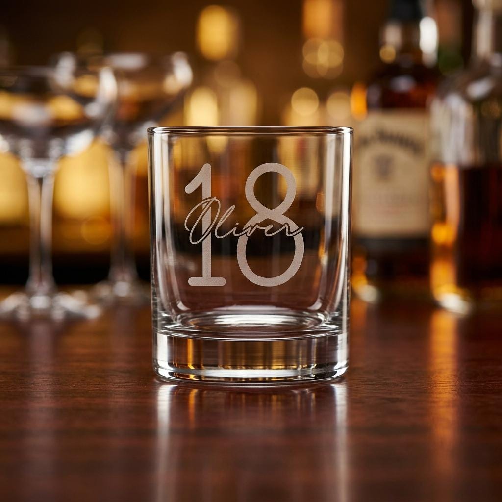 Personalised glass whiskey tumbler with custom name and milestone number engraving, custom scotch glass for birthday gifts and celebrations